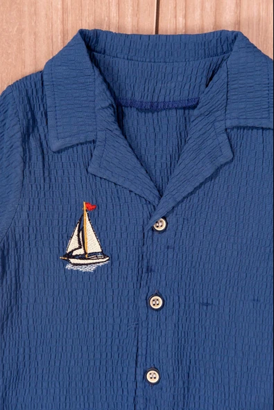 Yelkenli Nakışlı Erkek Yazlık Gömlek ve Şort Takımı Mavi - 3