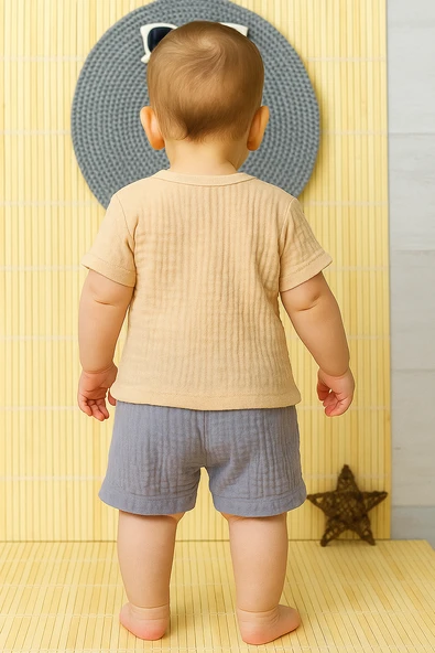 Müslin Ayıcıklı 2'li Erkek Takım  Bej Lacivert - Resim 3