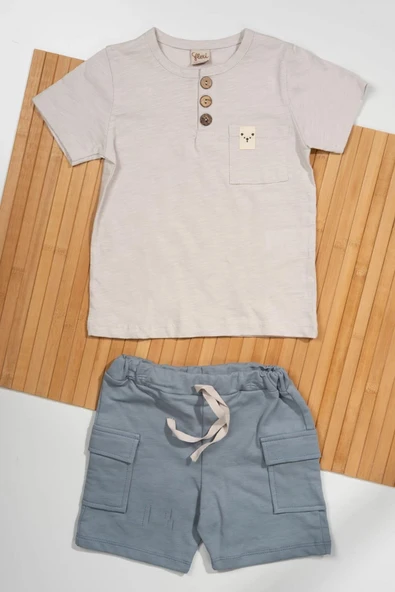 Düğme Detaylı Cepli Tişört ve Cepli Şortlu Erkek Takımı mavi ürün görseli 1