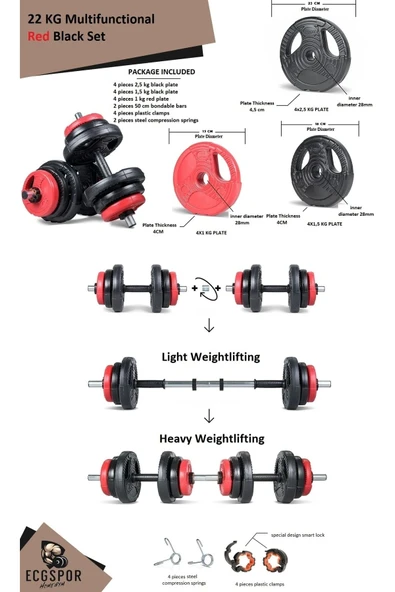 Spor Yıldız Serisi 22 Kg Multifonksiyonel Kırmızı Siyah Halter Seti Ve Dambıl Seti - 3