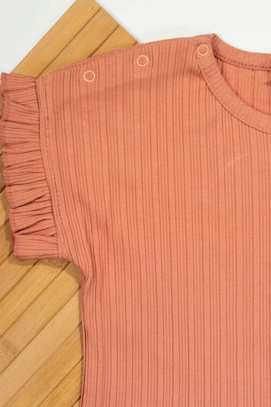 Ribana Dokulu Fırfır Kollu Şortlu Kız Takımı Gül Kurusu - Resim 3