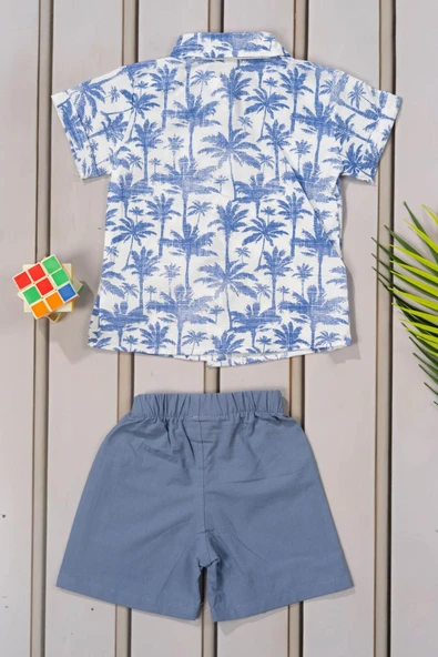 Tropikal Desenli Papyonlu Gömlek ve Şort Erkek Takımı Yazlık 2'li Kombin Mavi - 5