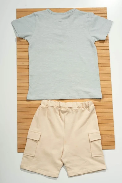 Düğme Detaylı Cepli Tişört ve Cepli Şortlu Erkek Takımı Turkuaz - Resim 2