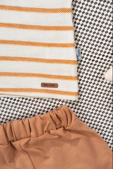 Çizgili Polo Yaka Şortlu Yazlık Erkek Takım Tarçın - Resim 6