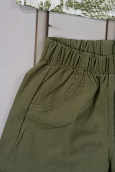 Tropikal Desenli Papyonlu Gömlek ve Şort Erkek Takımı Yazlık 2'li Kombin Yeşil - 4