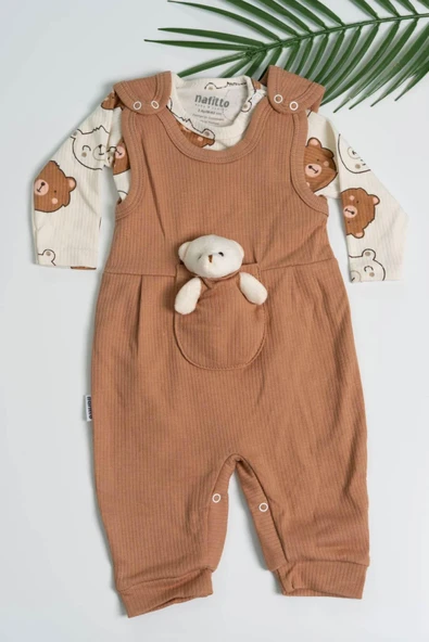 Ayıcık Aksesuarlı Çıtçıtlı Erkek Bebek Tulum Takımı Kahverengi - 2