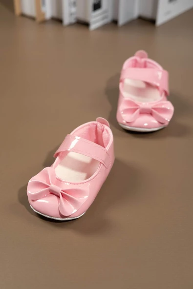 Pembe Rugan Fiyonklu Kız Bebek Babet Ayakkabısı Pembe