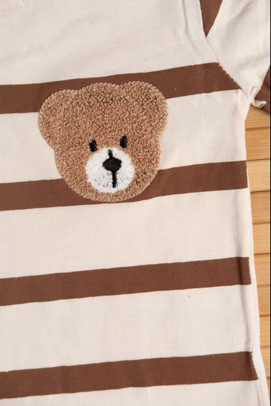 Kısa Kollu Çizgili Ayıcıklı Şortlu Takım Kahverengi - Resim 3