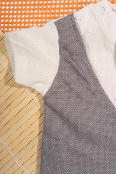 Zigzag Desenli Papyonlu Şık Yelek Detaylı 2'li Bebek Takımı Gri - Resim 7
