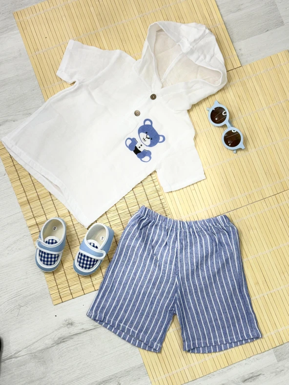 Ayıcık Baskılı Kapüşonlu Müslin Erkek Çizgili Şortlu Yazlık Takım Mavi ürün görseli