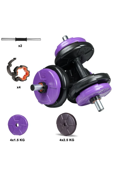 16 Kg Spor 16 Kg Dambıl Seti Mor-siyah 6 In 1 Fitness Set Dambıl Seti Vinyl Mor