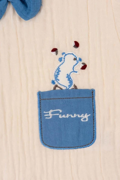 Papyonlu Nakış Detaylı 2'li Müslin Erkek Bebek Takımı Mavi - Resim 5