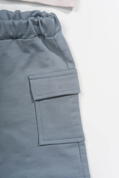 Düğme Detaylı Cepli Tişört ve Cepli Şortlu Erkek Takımı Gri & Mavi - Resim 5