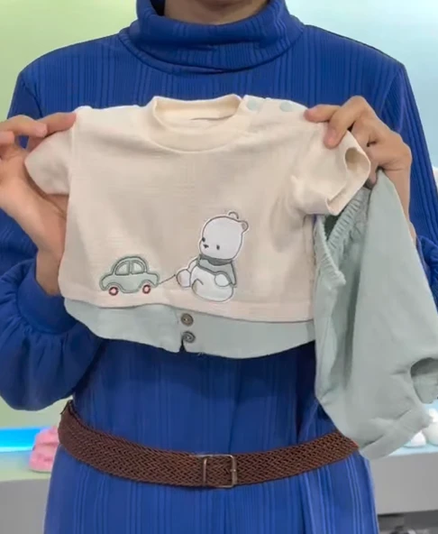 Ayıcıklı Gömlek Detaylı Şortlu Takım Yeşil