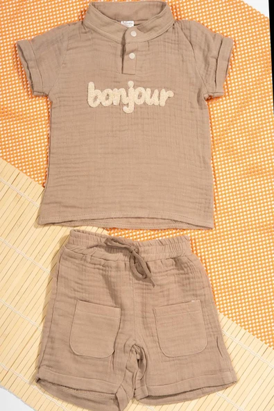 Unisex Bonjour Nakışlı Müslin 2'li Yazlık Bebek Takımı Kahverengi ürün görseli 1