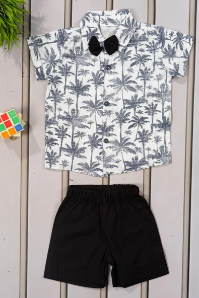 Tropikal Desenli Papyonlu Gömlek ve Şort Erkek Takımı Yazlık 2'li Kombin Lacivert ürün görseli 1