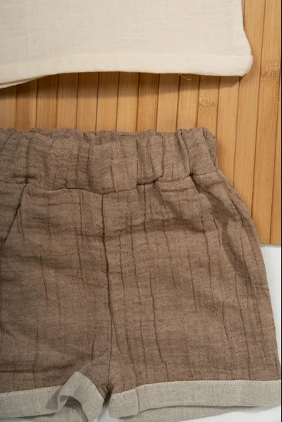 Düğme Detaylı Müslin Erkek Bebek 2'li Yazlık Takım Bej & Kahve - 4
