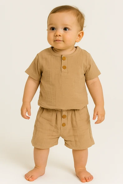 Düğme Detaylı 2'li Erkek Bebek Yazlık Takım Müslin Kahverengi ürün görseli 1