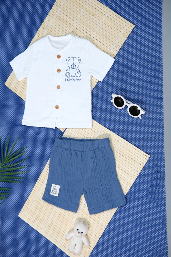 Müslin Ayıcıklı 2'li Erkek Şortlu Takım  Beyaz & Mavi ürün görseli 1