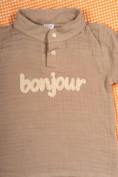 Unisex Bonjour Nakışlı Müslin 2'li Yazlık Bebek Takımı Kahverengi - Resim 3