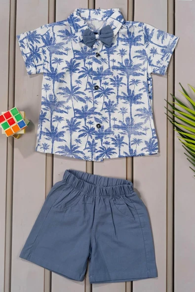 Tropikal Desenli Papyonlu Gömlek ve Şort Erkek Takımı Yazlık 2'li Kombin Mavi