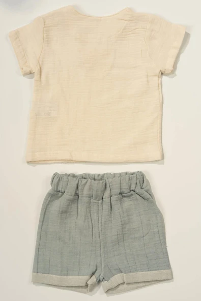 Düğme Detaylı Müslin Erkek Bebek 2'li Yazlık Takım Bej & Turkuaz - Resim 2