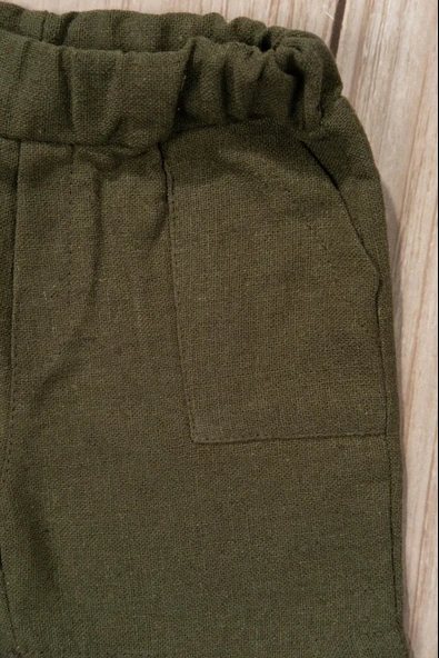 Keten Hakim Yaka Yarım Pantalon Gömlekli 2'li Yazlık Erkek Takım Haki - Resim 5