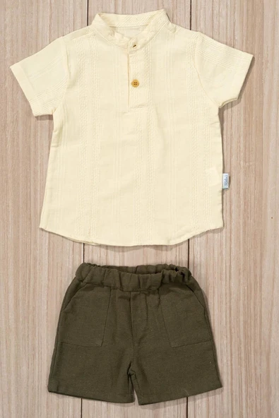 Keten Hakim Yaka Yarım Pantalon Gömlekli 2'li Yazlık Erkek Takım Haki - Resim 2