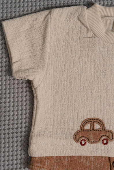 Ayıcıklı Gömlek Detaylı Şortlu Takım Kahverengi - 6