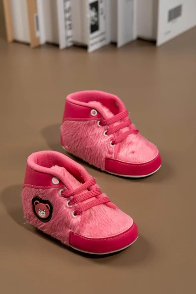 Pembe Peluş Dokulu Ayıcık Aplikeli Kız Bebek İlk Adım Ayakkabısı Koyu Pembe