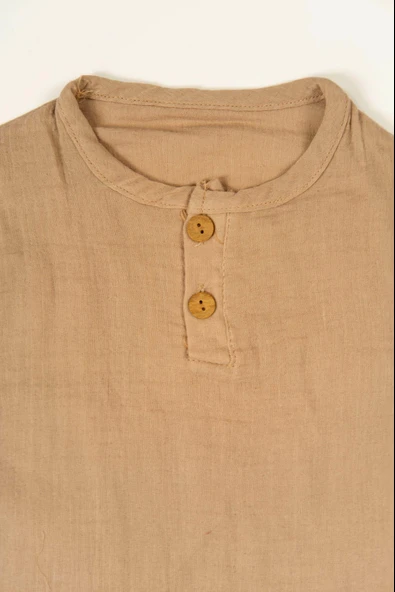 Düğme Detaylı 2'li Erkek Bebek Yazlık Takım Müslin Kahverengi - Resim 4