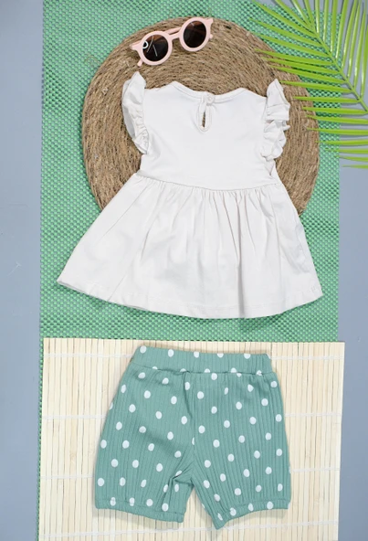 Puantiyeli Papyonlu Kısa Kollu Şortlu Takım Bej-Yeşil - Resim 3