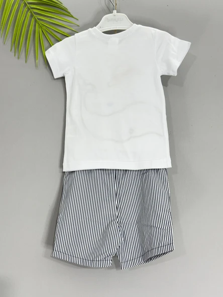 Balina Desenli Çizgili Şortlu Erkek Çocuk Takımı Lacivert - Resim 4