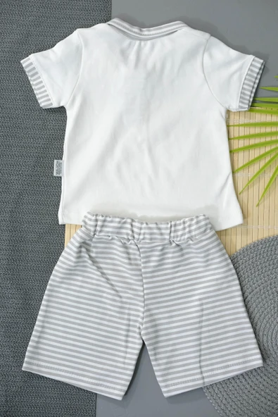 Çizgili Kısa Kollu Şortlu Takım Gri-Beyaz - Resim 2