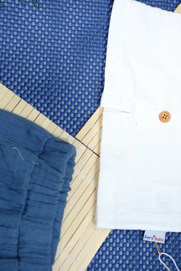 Müslin Ayıcıklı 2'li Erkek Şortlu Takım  Beyaz & Mavi - Resim 5