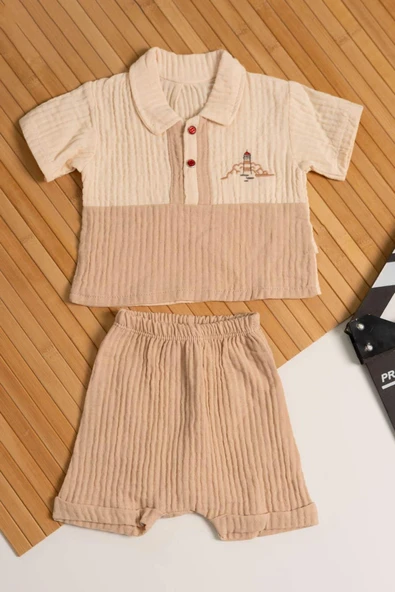 Deniz Feneri Nakışlı Erkek Bebek Yazlık Polo Yaka Takım Kahverengi