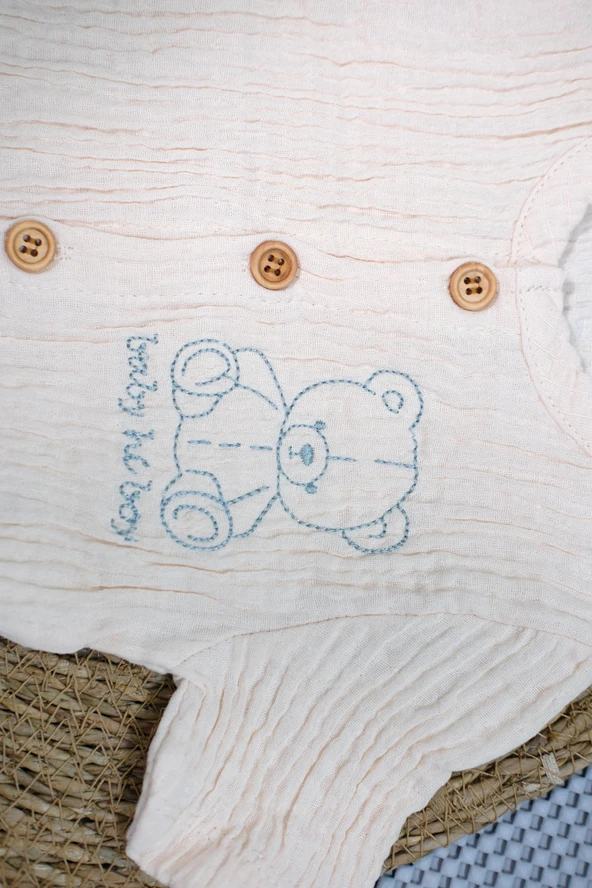 Müslin Ayıcıklı 2'li Erkek Şortlu Takım Bej Yeşil - Resim 6