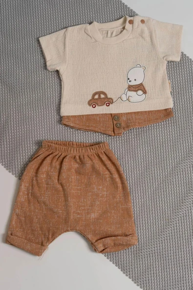 Ayıcıklı Gömlek Detaylı Şortlu Takım Kahverengi