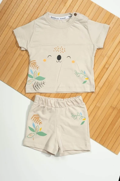 Koala Yüz Baskılı ve Çiçek Desenli 2'li Bebek Takımı Ekru