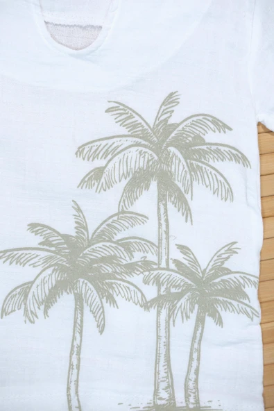 Palmiye Desenli Kısa Kollu Şortlu Takım Haki - Resim 5