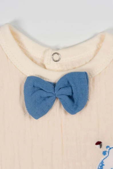 Papyonlu Nakış Detaylı 2'li Müslin Erkek Bebek Takımı Mavi - Resim 6