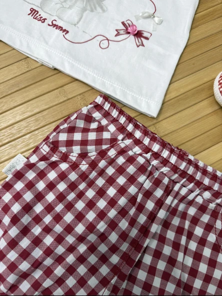 Ekose Şortlu Ayı Baskılı Kız Bebek Takımı Kırmızı - Resim 4