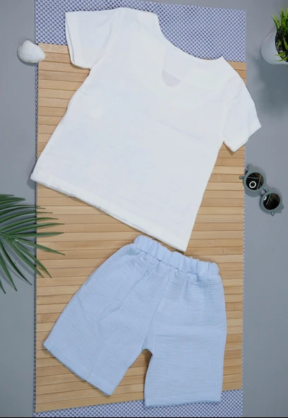 Palmiye Desenli Kısa Kollu Şortlu Takım Mavi - Resim 4