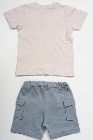 Düğme Detaylı Cepli Tişört ve Cepli Şortlu Erkek Takımı Gri & Mavi - Resim 2