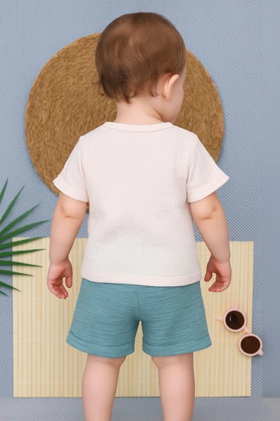 Müslin Ayıcıklı 2'li Erkek Şortlu Takım Bej Yeşil - Resim 3