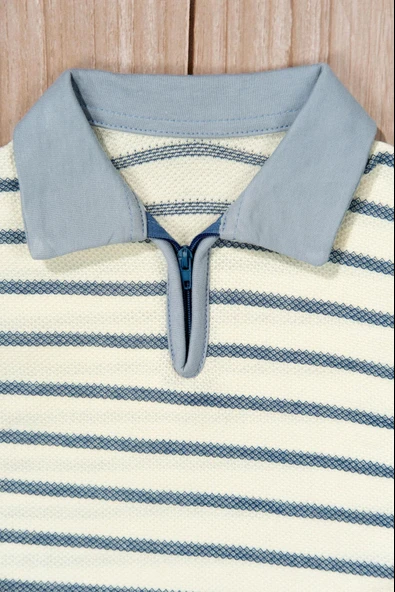 Çizgili Polo Yaka Şortlu Yazlık Erkek Takım Mavi - Resim 6