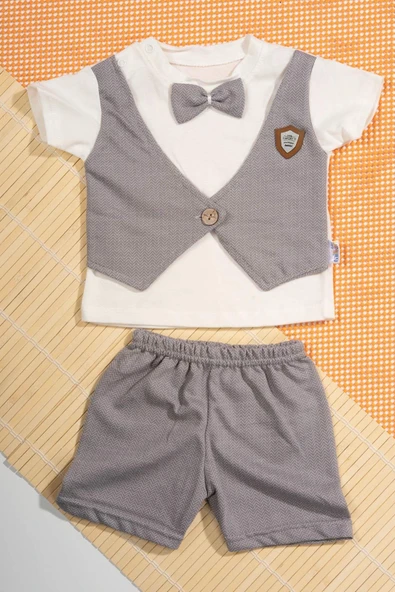 Zigzag Desenli Papyonlu Şık Yelek Detaylı 2'li Bebek Takımı Gri - Resim 2