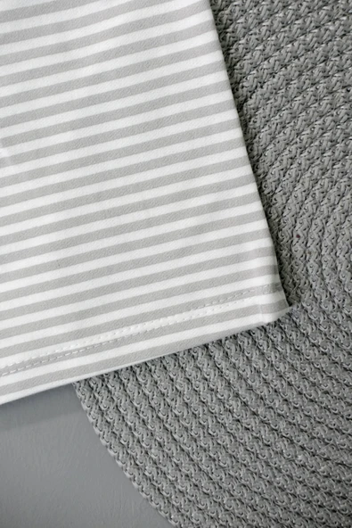 Çizgili Kısa Kollu Şortlu Takım Gri-Beyaz - Resim 5