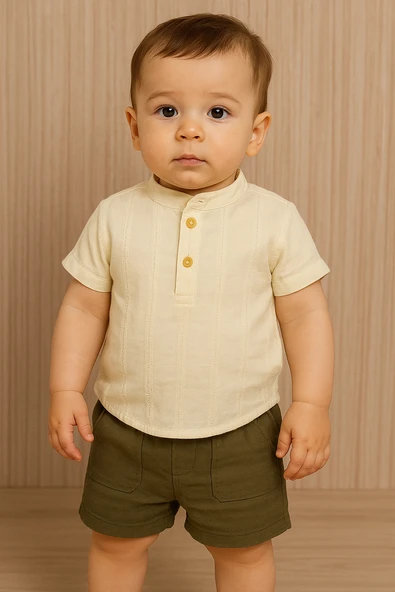 Keten Hakim Yaka Yarım Pantalon Gömlekli 2'li Yazlık Erkek Takım Haki ürün görseli 1