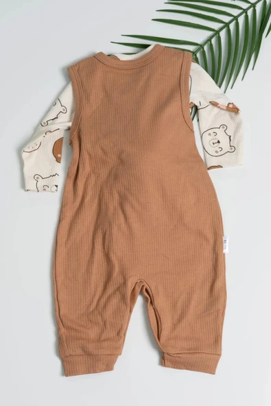 Ayıcık Aksesuarlı Çıtçıtlı Erkek Bebek Tulum Takımı Kahverengi - 3